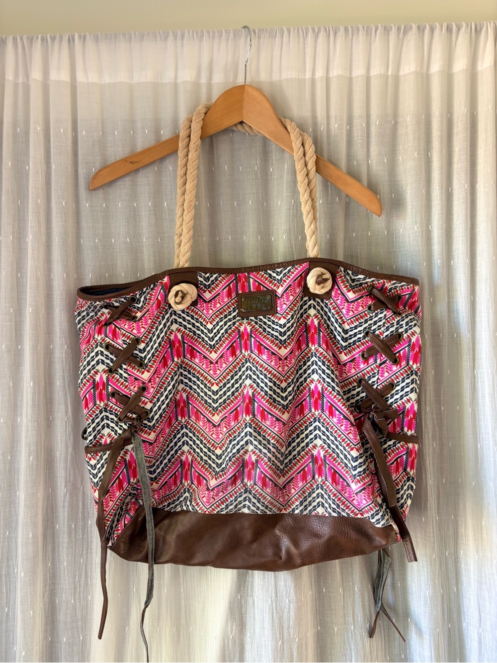 Billabong Pink Chevron Canvas Tote with Rope Handles
